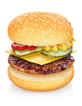 Flying cheeseburger isolated Stock Photos