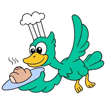 Flying chef duck brings bread food, doodle icon image Stock Illustration