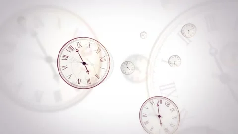 Flying clocks with fast changing time on white background. Looped. Stock Footage 86734345