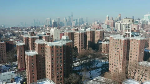Flying clockwise around housing projects in Gowanus Brooklyn Stock Footage 145440429