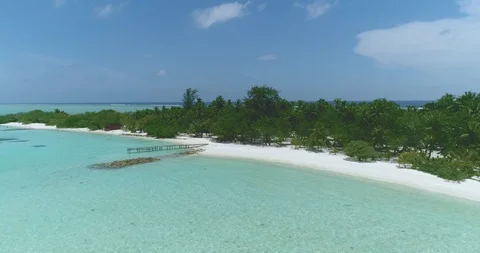 Flying close over tropical island with palm trees sandy beach and waves Stock-Footage 89943484