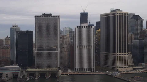 Flying close past buildings of New York Financial District in Lower Manhattan. Stock Footage 59165008