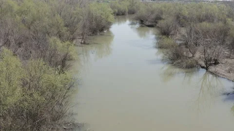 Flying close to a wild murky river in the middle of nowhere 库存影片 152233283