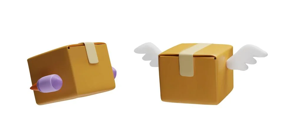 Flying closed cardboard boxes vector 3D set, carton packages with wings and Stock Illustration