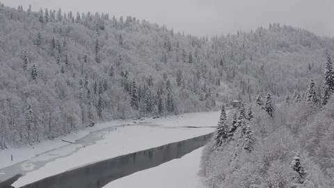 Flying in the clouds above snowy mountain, Georgia (country) Video stock 124936834
