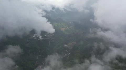 Flying in clouds and fog in a rain forest on a tropical mountain island 库存影片 243715949