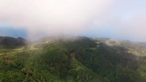 Flying in clouds over mountains and forest of Madeira, Portugal aerial view Stock Footage 68447055