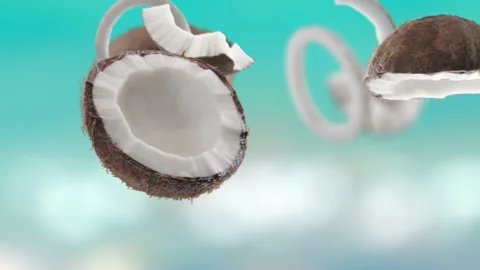 Flying Coconut and Coconuts slices in Beach Tropical Summer Background Stock Footage 229559089