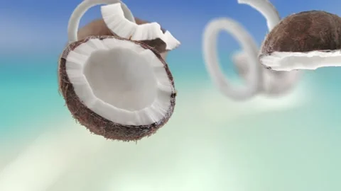 Flying Coconut and Coconuts slices in Beach Tropical Summer Background Vídeos de archivo 229559285