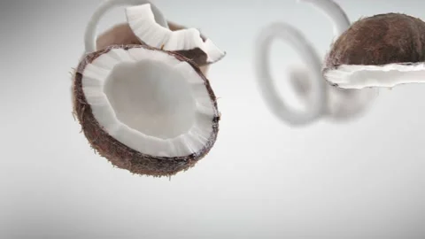 Flying Coconut and Coconuts slices in Grey Background Stock Footage 229559714