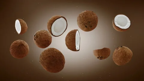 Flying of Coconuts and Slices in brown Background. Speed up and falling down Stock Footage 144938113