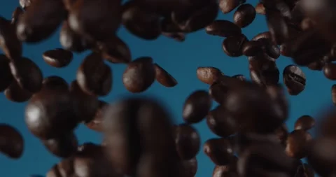 Flying coffee beans isolated on blue background. Roasted coffee grains explosion Stock Footage 243220402