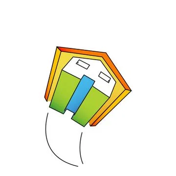 Flying colored house with a trail isolated on the white background. Stock Illustration
