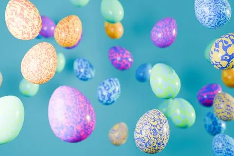 Flying colorful patterned Easter eggs on blue background. イラスト素材