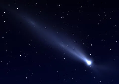 Flying comet with long tail due to solar radiation and solar wind Illustration