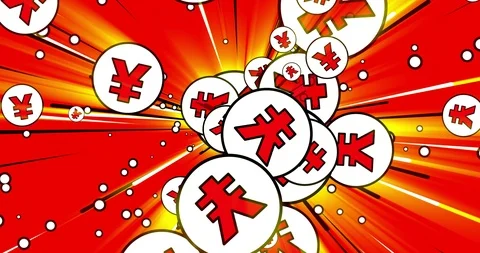 Flying comic yen with black outlines in national Colours of China, cash flow Stock Footage 94185851