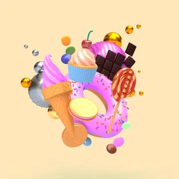 Flying composition of desserts items on a biege background. 3D-rendering Stock Illustration