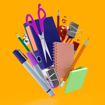 Flying composition of stationery items on a yellow background. 3D rendering Stock Illustration
