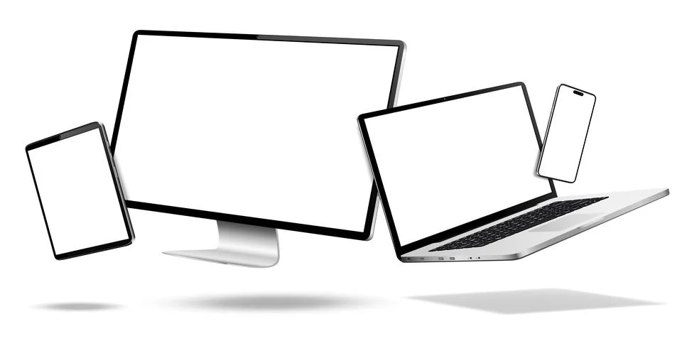 Flying computer display, laptop, tablet, phone mock up with white screen is.. Stock Illustration