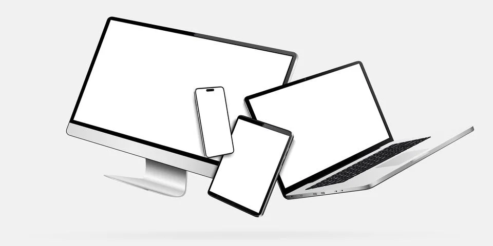 Flying computer display, laptop, tablet, smartphone Stock Illustration