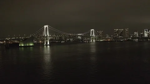 Flying copter over the water overlooking the bridge and night Tokyo Stock Footage 108216552