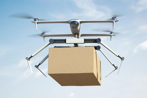 Flying courier robot drops cargo at destination Foto stock