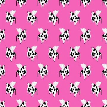 Flying cow pattern seamless. beef with wings background. Baby fabric texture. Illustrazione stock