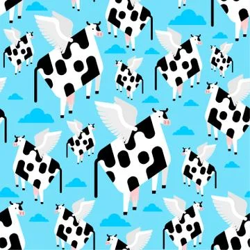 Flying cow pattern seamless. beef with wings background. Baby fabric texture. Illustrazione stock