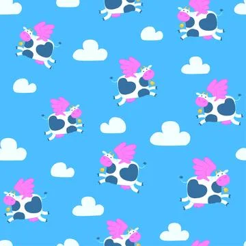 Flying cows seamless vector pattern. Spotted cows fly on blue sky cute cartoon Stock Illustration