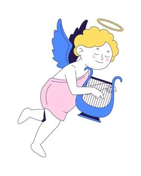 Flying cupid playing harp 2D cartoon character Stock Illustration