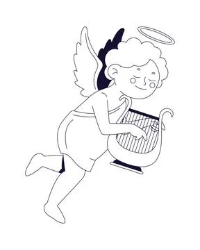 Flying cupid playing harp line art character Stock Illustration