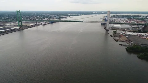 Flying Up Delaware River Towards Walt Whitman Bridge Philadelphia Video stock 79084806