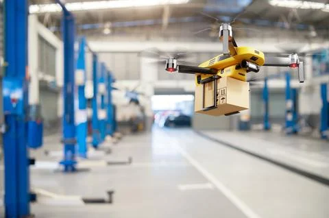 Flying delivery drone transferring parcel box from distribution warehouse t.. Stock Illustration