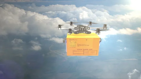 Flying delivery drone transporting cardboard box 库存影片 160049965