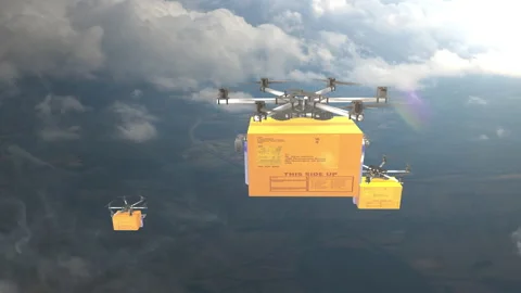 Flying delivery drone transporting cardboard box Video stock 160051617