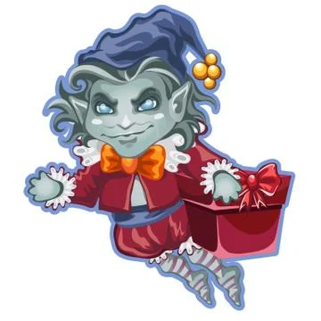 Flying demon with a festive box packed with gifts isolated on white background Stock Illustration