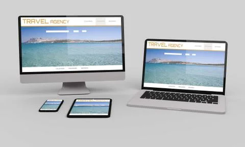 Flying desktop computer, mobile and tablet 3d rendering showing travel senior Stock Illustration