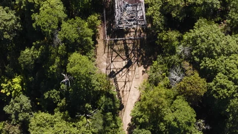 Flying By Devils Knob Lookout Tower Surrounded By Dense Forest Trees On Sunny Stockbeeldmateriaal 327614970