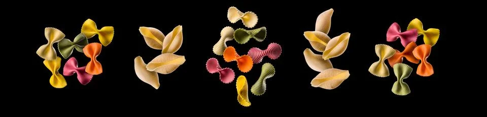 Flying of different type of pasta isolated on black background Illustrazione stock