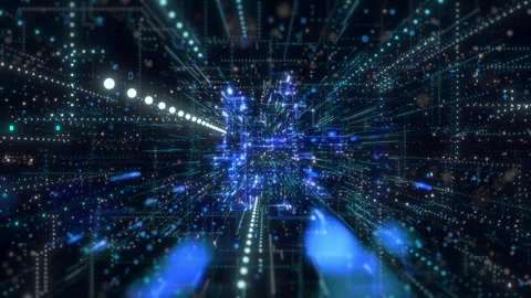 Flying Digital Particles In Grid Structure On Black Stock Footage 279911370