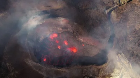 Flying Directly Over Volcano Caldera Bubbling Magma Landscape. Fagradalsfjall Stock Footage 256716581