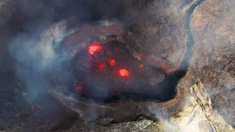 Flying Directly Into Volcano Caldera Bubbling Magma Landscape Stock Footage 256715010