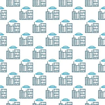 Flying Disc over City vector UFO concept linear seamless pattern Stock Illustration