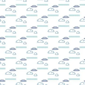 Flying Disc over Sea vector UFO and Alien Life seamless pattern イラスト素材