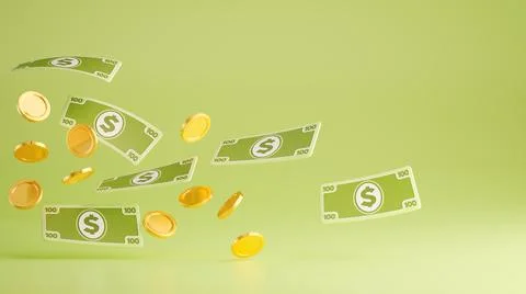 Flying dollars bank notes and gold coins. Investment currency. Illustration. 스톡 일러스트