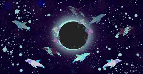 Flying dolphins and moon eclipse illustration. Vertical picture. Hand drawn.. Ilustração Stock