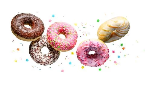 Flying donuts isolated on a white background. Stock Photos