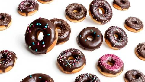 Flying Donuts On White Background Stock Photos