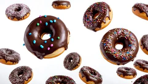 Flying Donuts On White Background Stock Photos