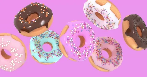 Flying doughnuts - mix of multicolored sweet donuts with sprinkles on pink Stock Footage 160056775